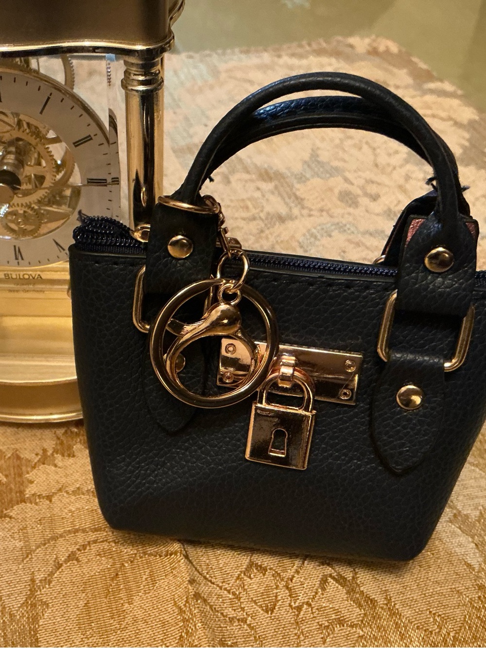 Navy Blue Mini Keychain Satchel Handbag with Gold-tone Hardware